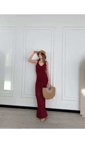 Luz&Pos Örgülü Uzun Triko Elbise - Bordo