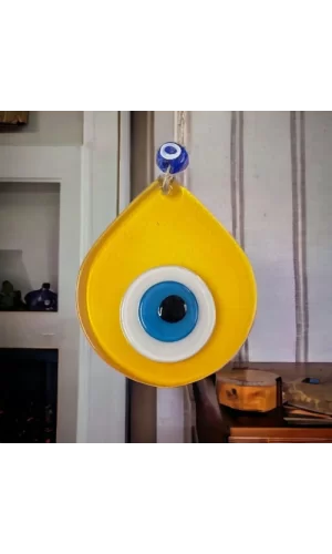 Orta Boy Şeffaf Sarı Damla Desen Nazar Boncuklu Duvar Dekoru Cam Duvar Süsü