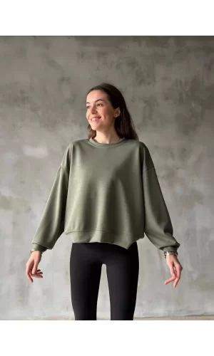 Luz&Pos Osy Modal Yumuşak Dokulu Kumaş Bisiklet Yaka Oversize Sweatshirt - Haki