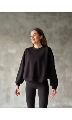 Luz&Pos Osy Modal Yumuşak Dokulu Kumaş Bisiklet Yaka Oversize Sweatshirt - Siyah