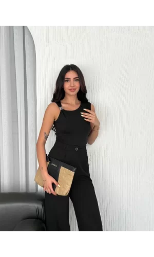 Osy Modal Yumuşak Dokulu Kumaş Bisiklet Yaka Sıfır Kol Bluz Omuz Toka Aksesuar Detaylı - Siyah