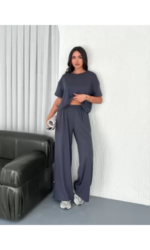 Luz&Pos Osy Modal Yumuşak Dokulu Kumaş Bisiklet Yaka T-shirt Bol Paça Pantalon İkili Takım -antrasit
