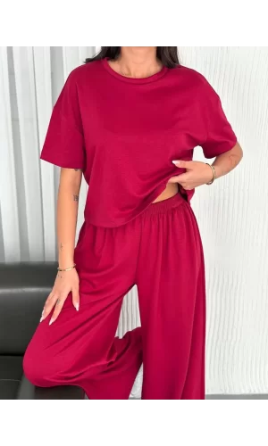 Luz&Pos Osy Modal Yumuşak Dokulu Kumaş Bisiklet Yaka T-shirt Bol Paça Pantalon İkili Takım -bordo
