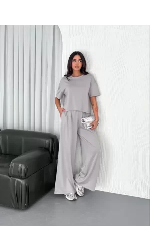 Luz&Pos Osy Modal Yumuşak Dokulu Kumaş Bisiklet Yaka T-shirt Bol Paça Pantalon İkili Takım - Boyalı Gri