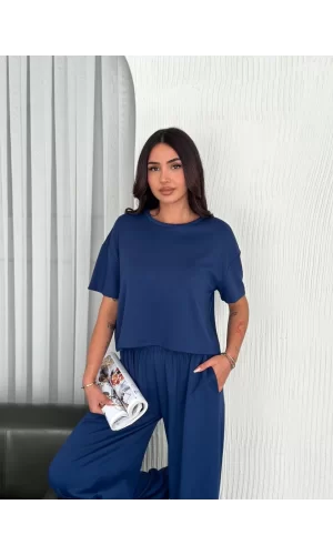 Luz&Pos Osy Modal Yumuşak Dokulu Kumaş Bisiklet Yaka T-shirt Bol Paça Pantalon İkili Takım -saks Mavi