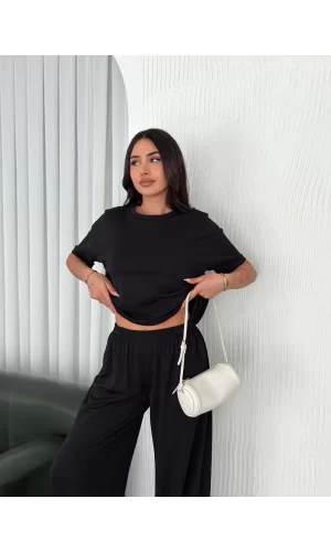 Luz&Pos Osy Modal Yumuşak Dokulu Kumaş Bisiklet Yaka T-shirt Bol Paça Pantalon İkili Takım -siyah