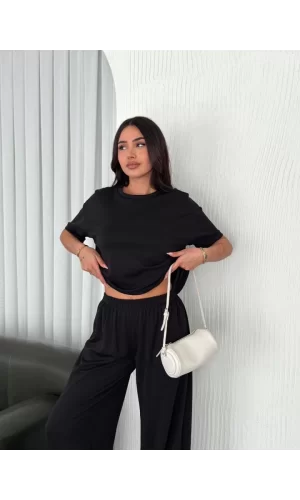 Osy Modal Yumuşak Dokulu Kumaş Bisiklet Yaka T-shirt Bol Paça Pantalon Ikili Takım -Siyah