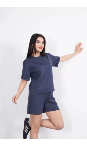 Osy Modal Yumuşak Dokulu Kumaş Bisiklet Yaka T-shirt Kısa Şort İkili Takım - Antrasit