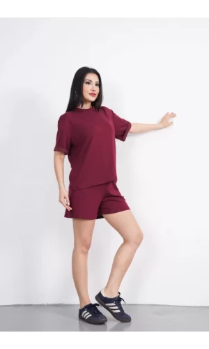 Osy Modal Yumuşak Dokulu Kumaş Bisiklet Yaka T-shirt Kısa Şort İkili Takım - Bordo