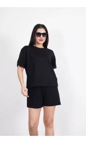 Osy Modal Yumuşak Dokulu Kumaş Bisiklet Yaka T-shirt Kısa Şort İkili Takım - Siyah