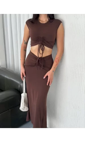 Osy Modal Yumuşak Dokulu Kumaş Büzgülü Crop Etek Takım -Kahverengi