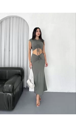 Osy Modal Yumuşak Dokulu Kumaş Büzgülü Crop Etek Takım - Mint Yeşili