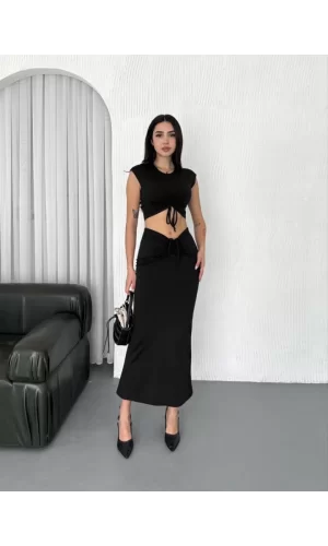 Osy Modal Yumuşak Dokulu Kumaş  Büzgülü Crop Etek Takım - Siyah