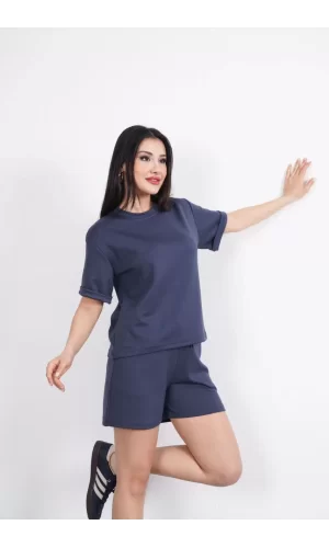 Luz&Pos Osy Modal Yumuşak Dokulu Kumaş Kadın Bisiklet Yaka T-shirt Kısa Şort İkili Takım - Antrasit