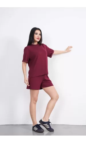 Luz&Pos Osy Modal Yumuşak Dokulu Kumaş Kadın Bisiklet Yaka T-shirt Kısa Şort İkili Takım - Bordo