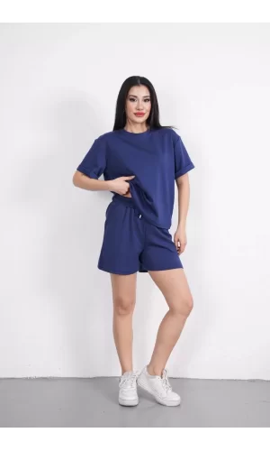Luz&Pos Osy Modal Yumuşak Dokulu Kumaş Kadın Bisiklet Yaka T-shirt Kısa Şort İkili Takım - Mavi