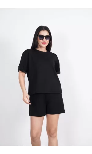 Luz&Pos Osy Modal Yumuşak Dokulu Kumaş Kadın Bisiklet Yaka T-shirt Kısa Şort İkili Takım - Siyah