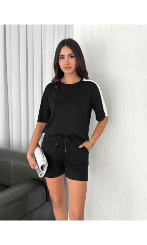 Luz&Pos Osy Modal Yumuşak Dokulu Kumaş Kadın Parçalı Bisiklet Yaka T-shirt Kısa Şort İkili Takım - Siyah