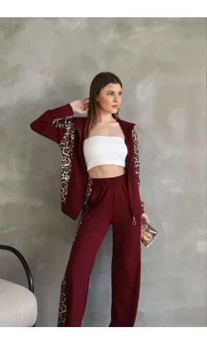 Luz&Pos Osy Modal Yumuşak Dokulu Kumaş Kapüşonlu Leopar Desenli Fermuarlı Takım - Bordo