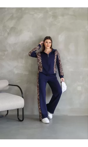 Luz&Pos Osy Modal Yumuşak Dokulu Kumaş Kapüşonlu Leopar Desenli Fermuarlı Takım - Lacivert