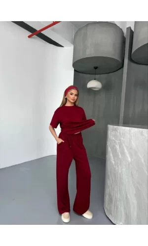 Osy Modal Yumuşak Dokulu Kumaş   Kısa Kollu Bluz Rahat Pantalon Ikili Takım- Bordo