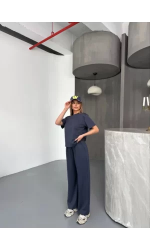 Osy Modal Yumuşak Dokulu Kumaş Kısa Kollu Bluz Rahat Pantalon Ikili Takım- Füme