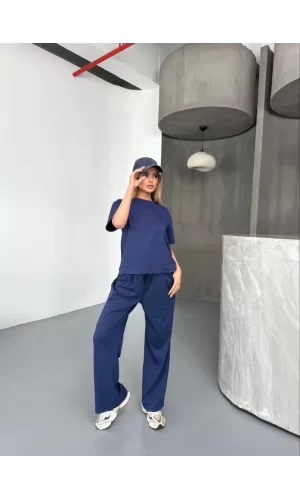 Osy Modal Yumuşak Dokulu Kumaş Kısa Kollu Bluz Rahat Pantalon Ikili Takım- Lacivert