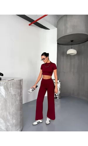 Osy Modal Yumuşak Dokulu Kumaş Kısa Kollu Crop Alt Ispanyol Paça Pantalon Ikili Takım - Bordo