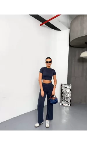 Osy Modal Yumuşak Dokulu Kumaş Kısa Kollu Crop Alt Ispanyol Paça Pantalon Ikili Takım - Füme