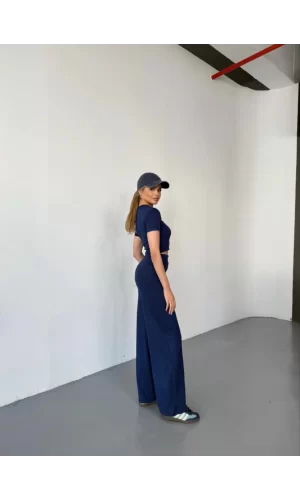 Osy Modal Yumuşak Dokulu Kumaş Kısa Kollu Crop Rahat Pantalon Ikili Takım - Lacivert