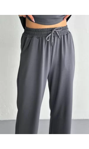 Osy Modal Yumuşak Dokulu Kumaş Kısa Kollu Yakalı T-shirt Pantalon Ikili Takım- Antrasit