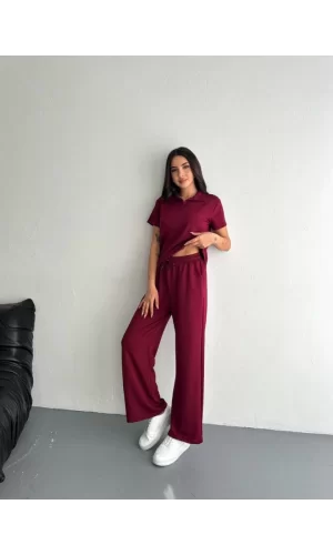Osy Modal Yumuşak Dokulu Kumaş Kısa Kollu Yakalı T-shirt Pantalon Ikili Takım- Bordo