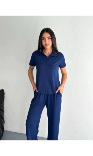 Osy Modal Yumuşak Dokulu Kumaş Kısa Kollu Yakalı T-shirt Pantalon Ikili Takım- Lacivert