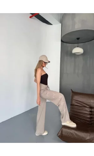 Luz&Pos Osy Modal Yumuşak Dokulu Kumaş Nakış İşlemeli Rahat Bol Paça Eşofman Pantalon - Bej