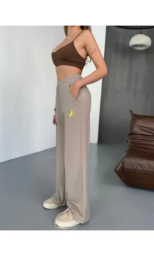 Luz&Pos Osy Modal Yumuşak Dokulu Kumaş Nakış İşlemeli Rahat Bol Paça Eşofman Pantalon - Bej