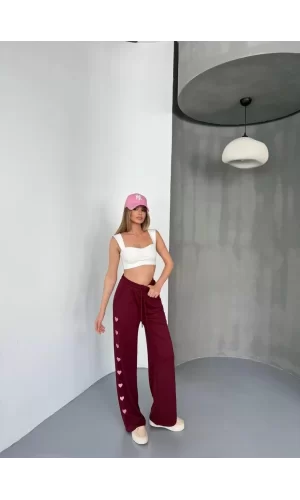 Luz&Pos Osy Modal Yumuşak Dokulu Kumaş Nakış İşlemeli Rahat Bol Paça Eşofman Pantalon - Bordo
