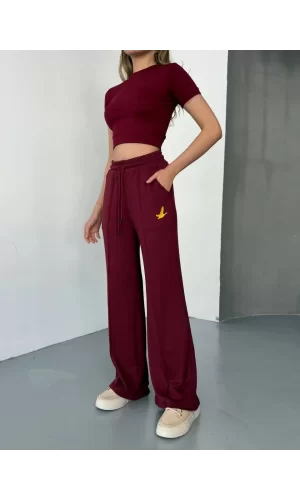 Luz&Pos Osy Modal Yumuşak Dokulu Kumaş Nakış İşlemeli Rahat Bol Paça Eşofman Pantalon - Bordo