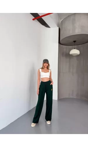 Luz&Pos Osy Modal Yumuşak Dokulu Kumaş Nakış İşlemeli Rahat Bol Paça Eşofman Pantalon - Haki
