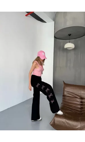 Luz&Pos Osy Modal Yumuşak Dokulu Kumaş Nakış İşlemeli Rahat Bol Paça Eşofman Pantalon - Siyah