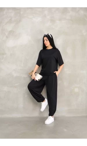 Osy Modal Yumuşak Dokulu Kumaş Oversize Bisiklet Yaka T-shirt Jogger Eşofman Altı Eşofman Takımı - Siyah