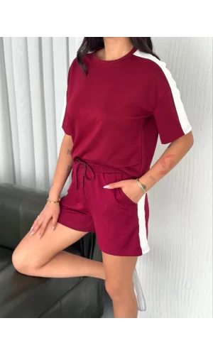 Osy Modal Yumuşak Dokulu Kumaş Parçalı Bisiklet Yaka T-shirt Kısa Şort İkili Takım -  Bordo