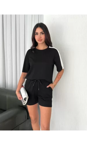 Osy Modal Yumuşak Dokulu Kumaş Parçalı Bisiklet Yaka T-shirt Kısa Şort İkili Takım - Siyah