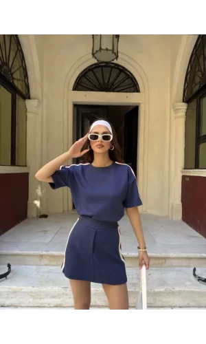 Osy Modal Yumuşak Dokulu Kumaş Parçalı Bisiklet Yaka T-shirt Mini Şortlu Etek İkili Takım -Lacivert