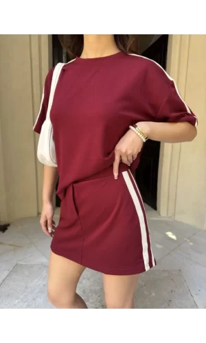 Osy Modal Yumuşak Dokulu Kumaş Parçalı Bisiklet Yaka T-shirt Mini Şortlu Etek İkili Takım -Bordo