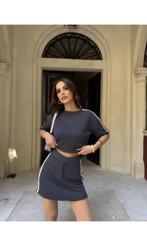Osy Modal Yumuşak Dokulu Kumaş Parçalı Bisiklet Yaka T-shirt Mini Şortlu Etek İkili Takım - Füme
