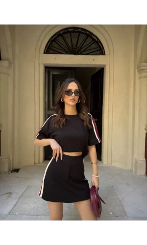 Osy Modal Yumuşak Dokulu Kumaş Parçalı Bisiklet Yaka T-shirt Mini Şortlu Etek İkili Takım - Siyah
