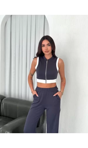 Osy Modal Yumuşak Dokulu Kumaş Tam Fermuarlı Crop Pantalon İkili Takım - Antrasit