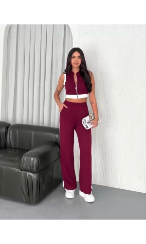 Luz&Pos Osy Modal Yumuşak Dokulu Kumaş Tam Fermuarlı Crop Pantalon İkili Takım - Bordo