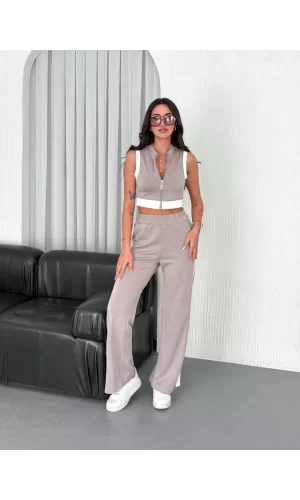 Luz&Pos Osy Modal Yumuşak Dokulu Kumaş Tam Fermuarlı Crop Pantalon İkili Takım - Gri
