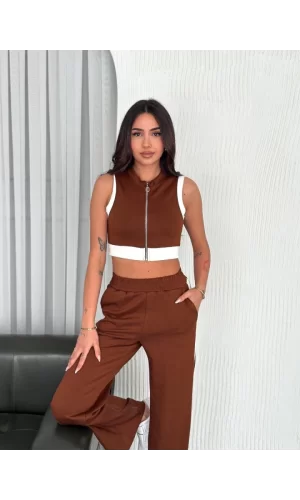 Osy Modal Yumuşak Dokulu Kumaş Tam Fermuarlı Crop Pantalon İkili Takım - Kahverengi